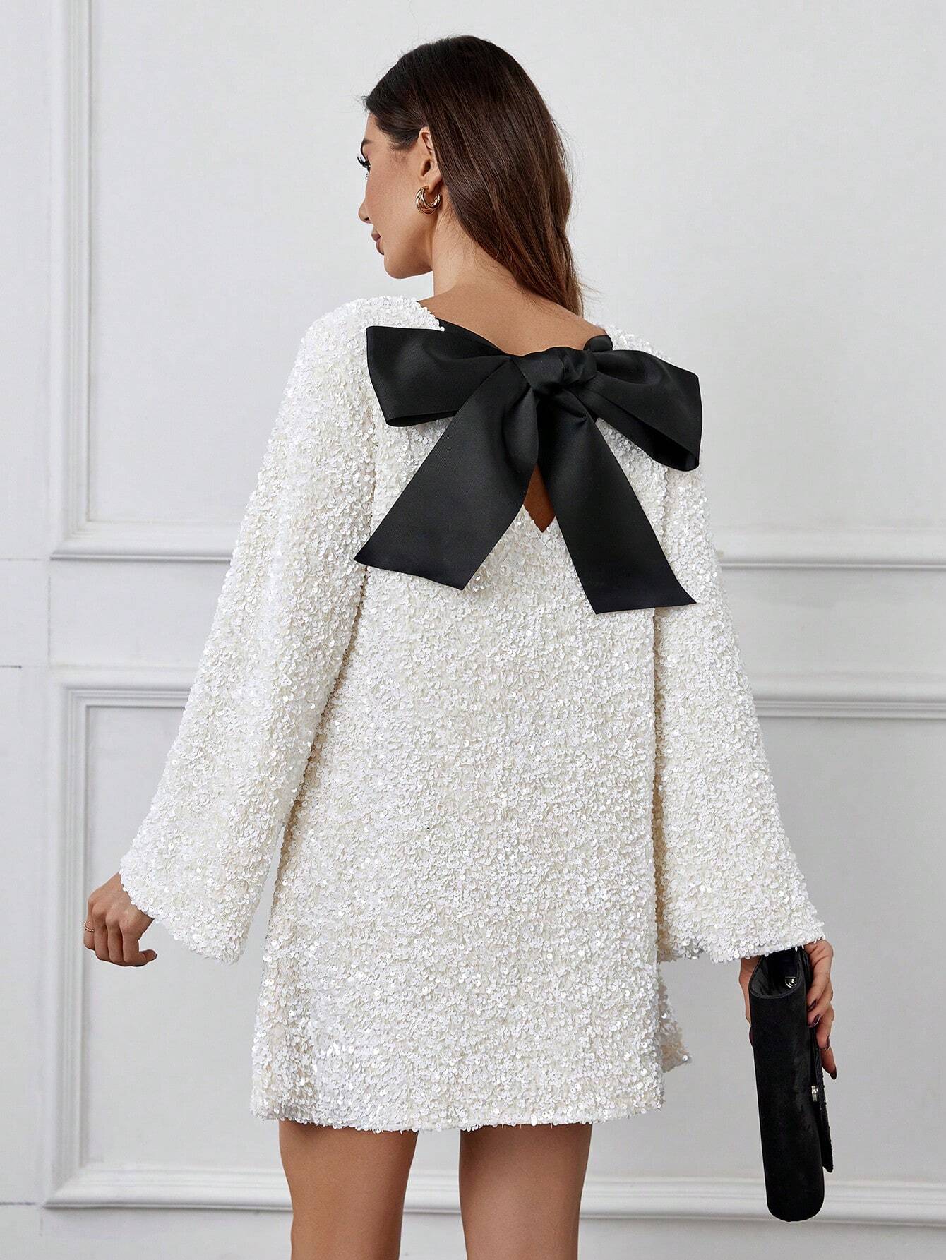 Vestido De Lentejuelas Con Manga Larga Y Lazada Trasera Para Mujer
