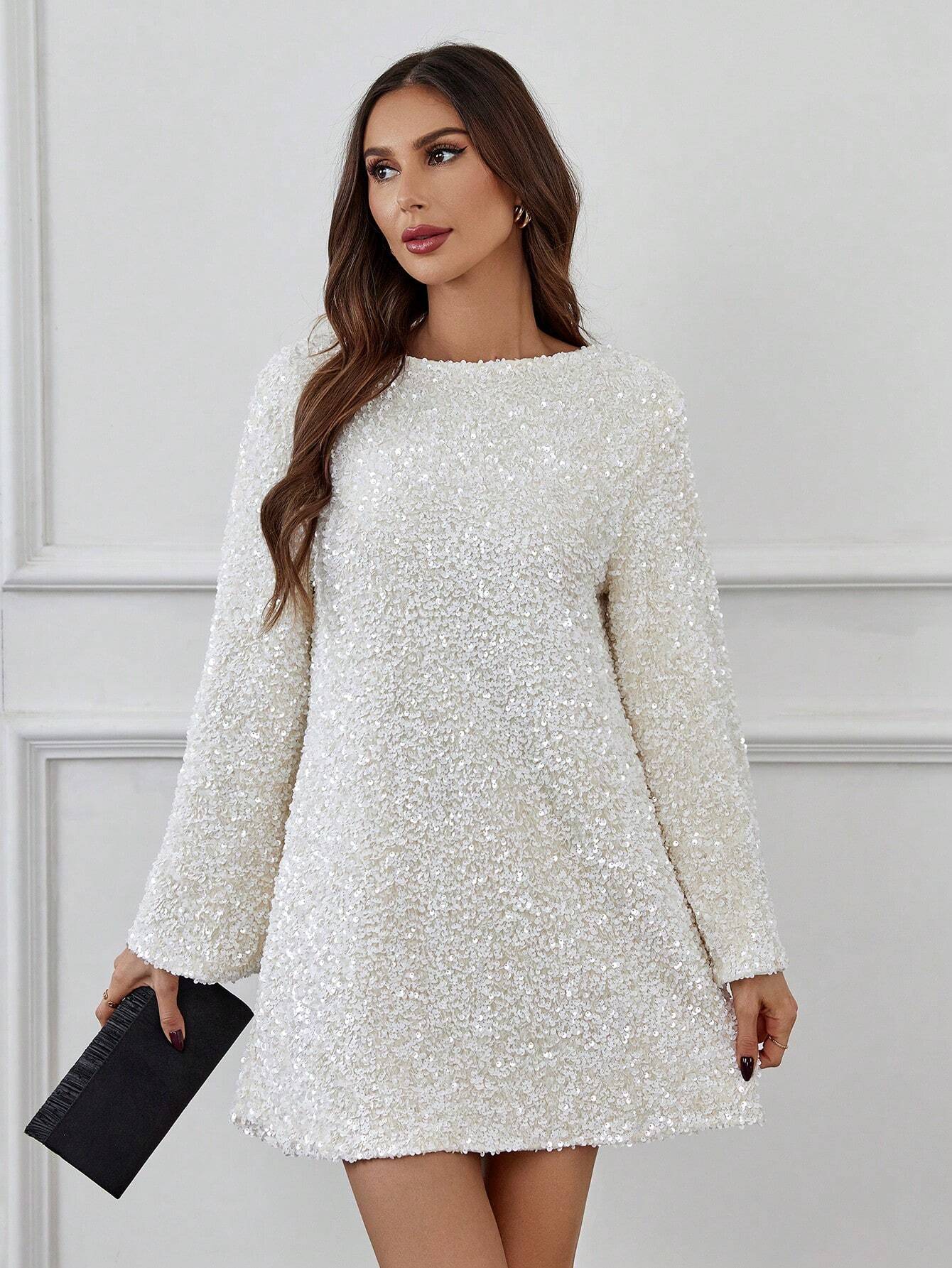 Vestido De Lentejuelas Con Manga Larga Y Lazada Trasera Para Mujer